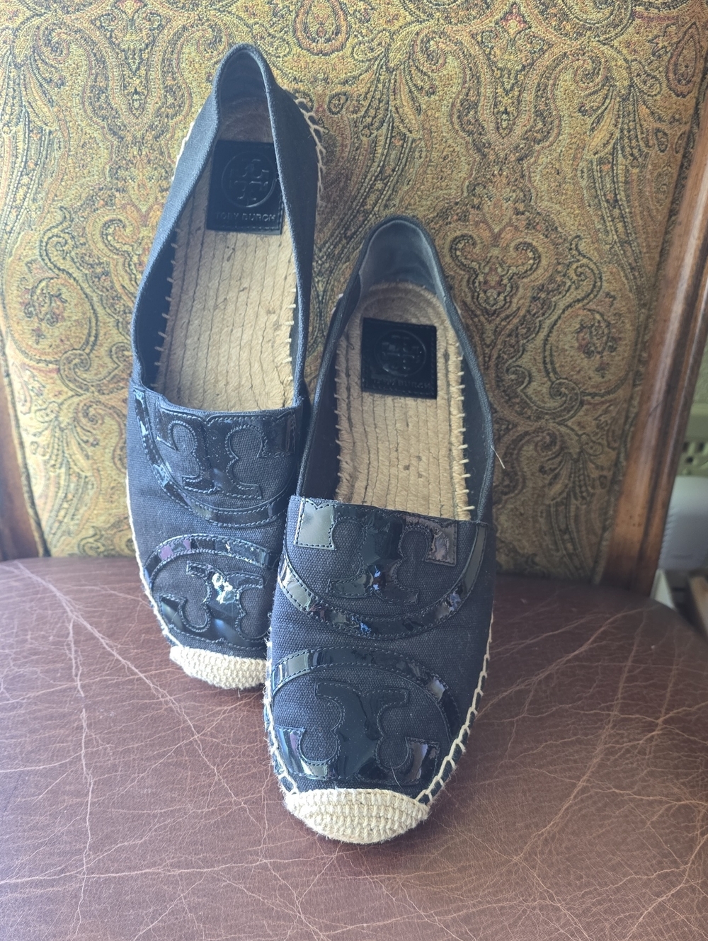 Tory Burch Black Espadrille Flats with Logo Appliqué